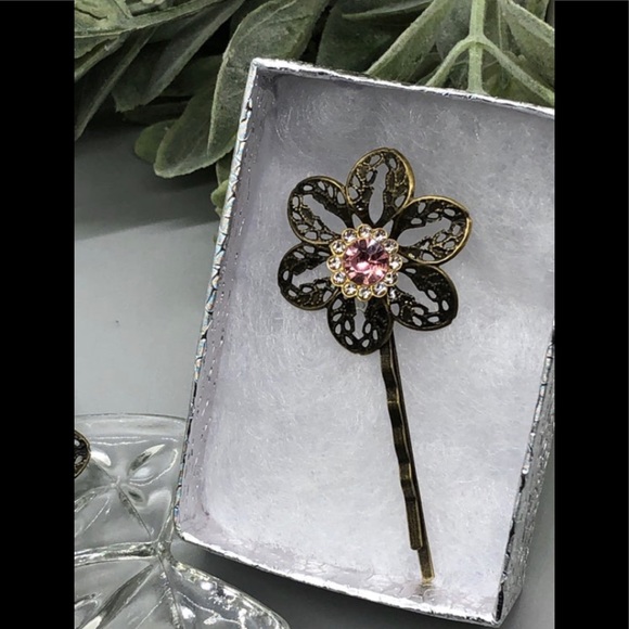 Pink Rhinestone Crystal Bobby pin Antique Bronze - Picture 1 of 2